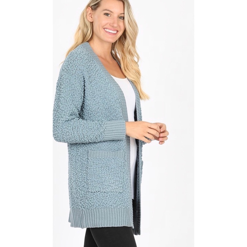 NWT zenana premium boutique Popcorn cardigan pockets dusty steel blue